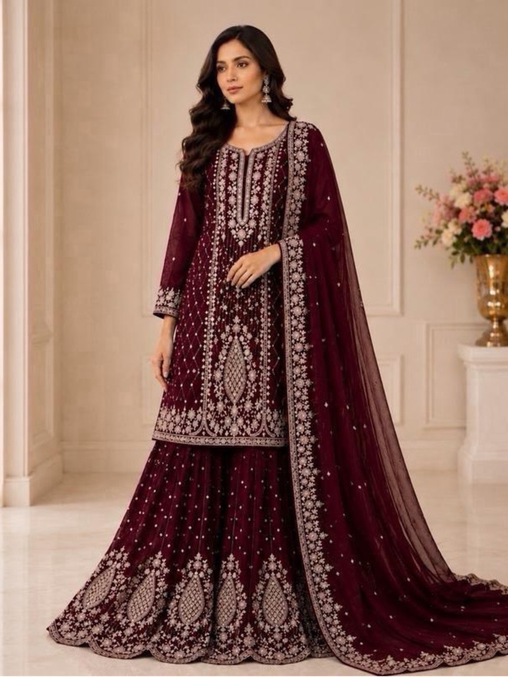 Elegant Wine color - Size L-38/40 Heavy Embroidered Premium Georgette Plazo Suit